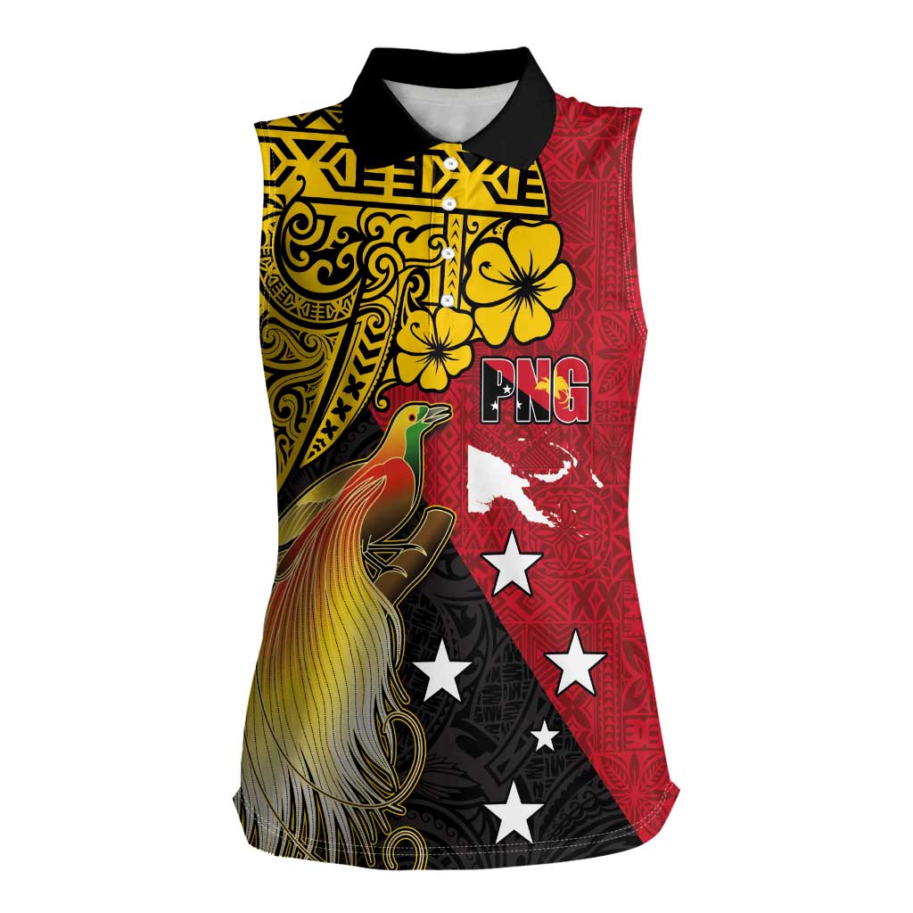 Papua New Guinea Independence Day Women Sleeveless Polo Shirt Bird-of-Paradise with Map and Polynesian Pattern