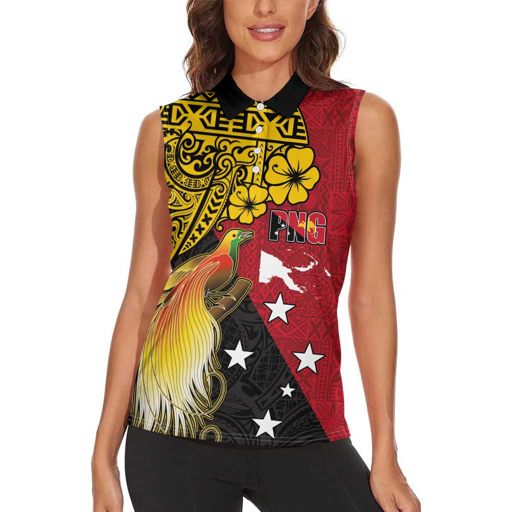 Papua New Guinea Independence Day Women Sleeveless Polo Shirt Bird-of-Paradise with Map and Polynesian Pattern