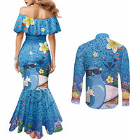 Aloha Hawaiian Monk Seal Couples Matching Mermaid Dress and Long Sleeve Button Shirt Polynesian Tattoo The Ocean and Undersea Vibe