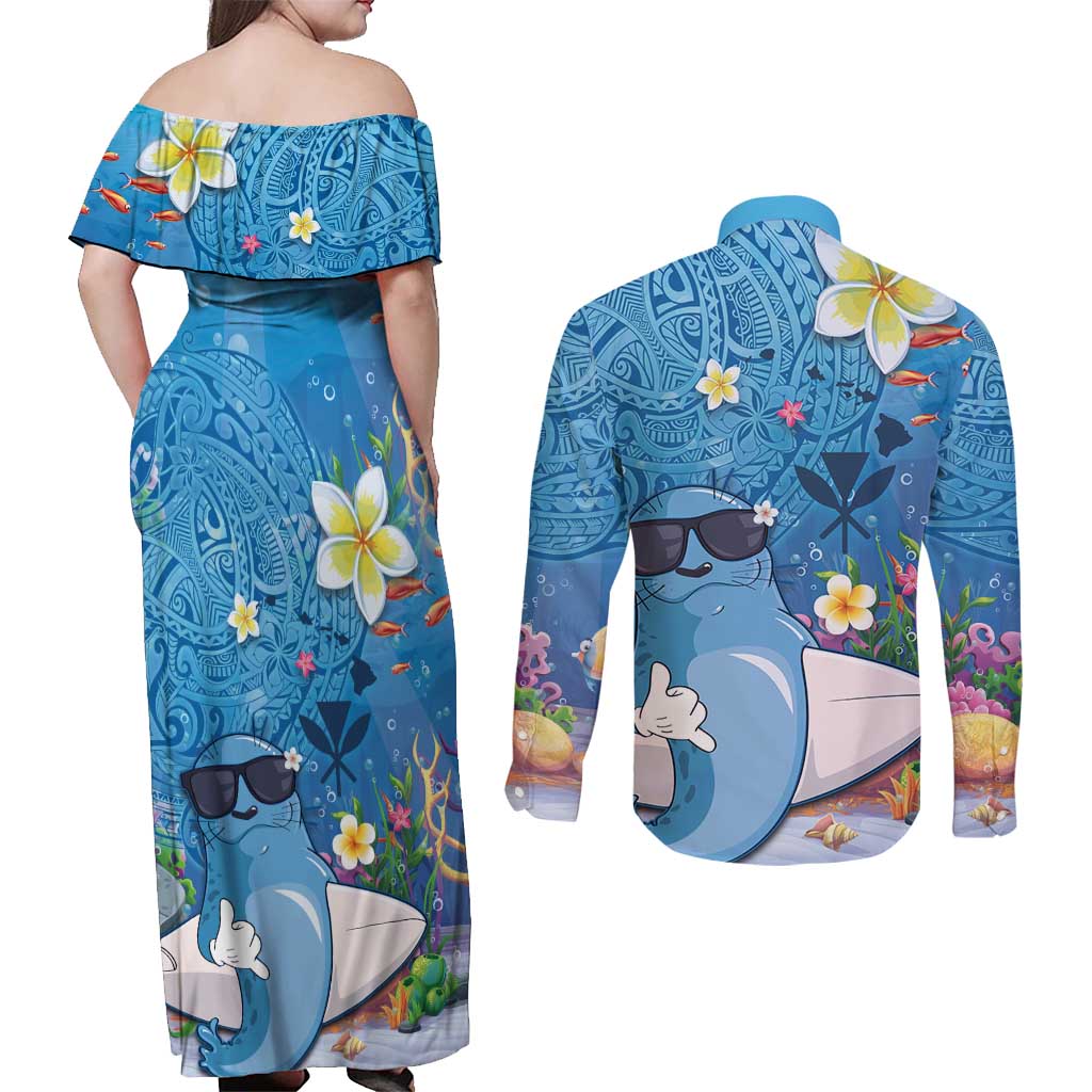 Aloha Hawaiian Monk Seal Couples Matching Off Shoulder Maxi Dress and Long Sleeve Button Shirt Polynesian Tattoo The Ocean and Undersea Vibe