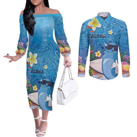 Aloha Hawaiian Monk Seal Couples Matching Off The Shoulder Long Sleeve Dress and Long Sleeve Button Shirt Polynesian Tattoo The Ocean and Undersea Vibe