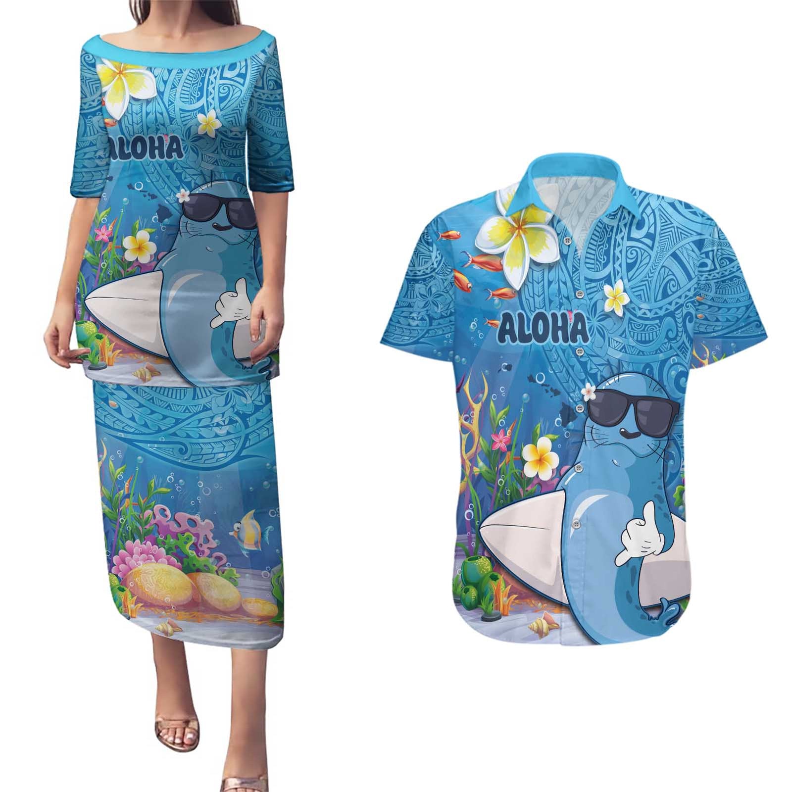 Aloha Hawaiian Monk Seal Couples Matching Puletasi and Hawaiian Shirt Polynesian Tattoo The Ocean and Undersea Vibe