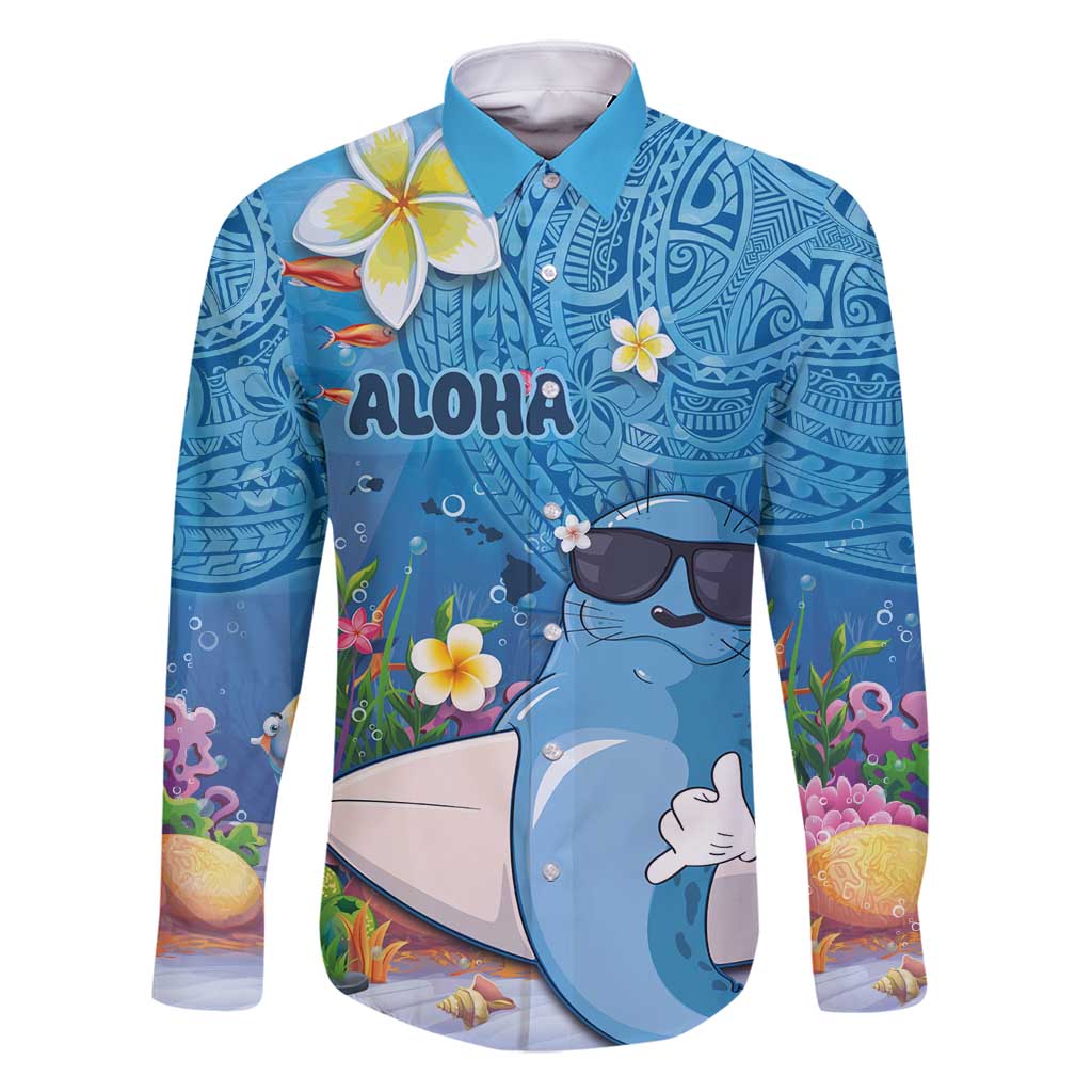 Aloha Hawaiian Monk Seal Family Matching Long Sleeve Bodycon Dress and Hawaiian Shirt Polynesian Tattoo The Ocean and Undersea Vibe