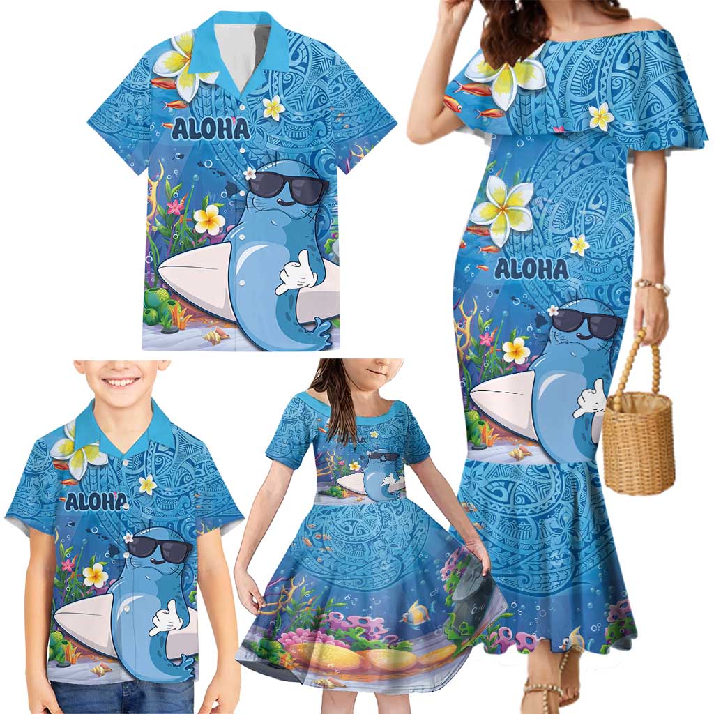 Aloha Hawaiian Monk Seal Family Matching Mermaid Dress and Hawaiian Shirt Polynesian Tattoo The Ocean and Undersea Vibe