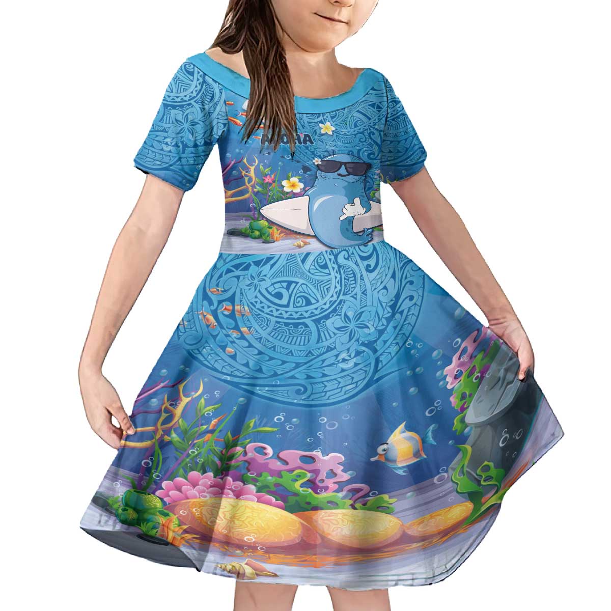 Aloha Hawaiian Monk Seal Family Matching Puletasi and Hawaiian Shirt Polynesian Tattoo The Ocean and Undersea Vibe LT03 Daughter's Dress Blue - Polynesian Pride