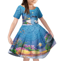 Aloha Hawaiian Monk Seal Family Matching Puletasi and Hawaiian Shirt Polynesian Tattoo The Ocean and Undersea Vibe LT03 Daughter's Dress Blue - Polynesian Pride