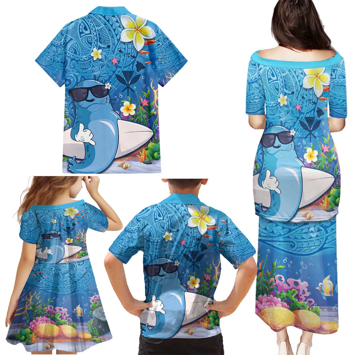 Aloha Hawaiian Monk Seal Family Matching Puletasi and Hawaiian Shirt Polynesian Tattoo The Ocean and Undersea Vibe LT03 - Polynesian Pride