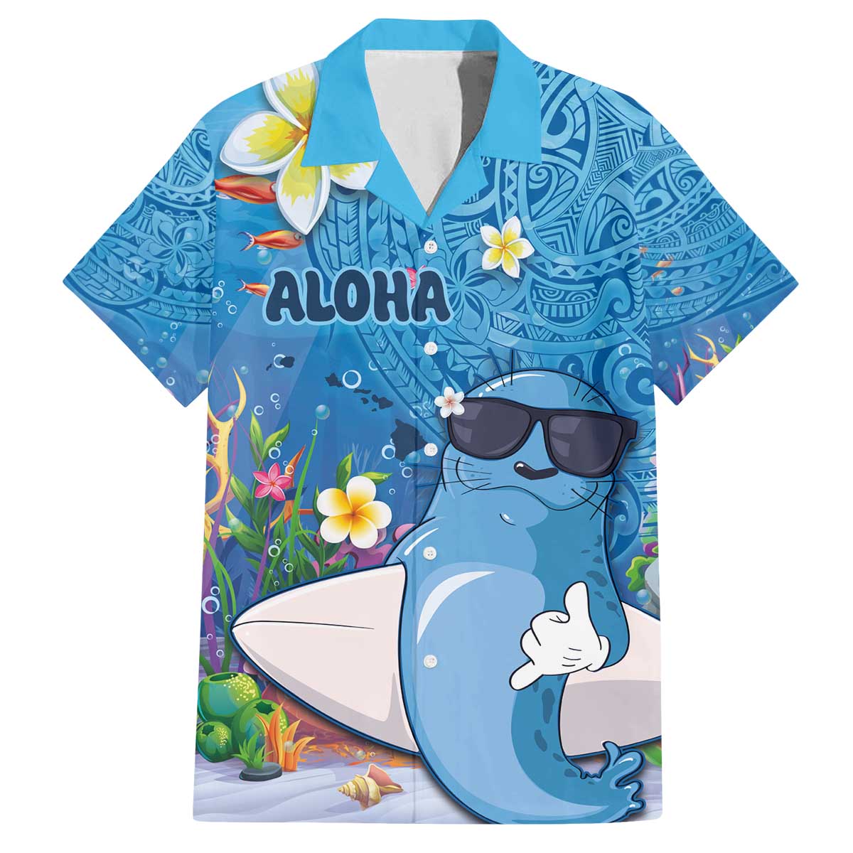 Aloha Hawaiian Monk Seal Family Matching Puletasi and Hawaiian Shirt Polynesian Tattoo The Ocean and Undersea Vibe LT03 Dad's Shirt - Short Sleeve Blue - Polynesian Pride