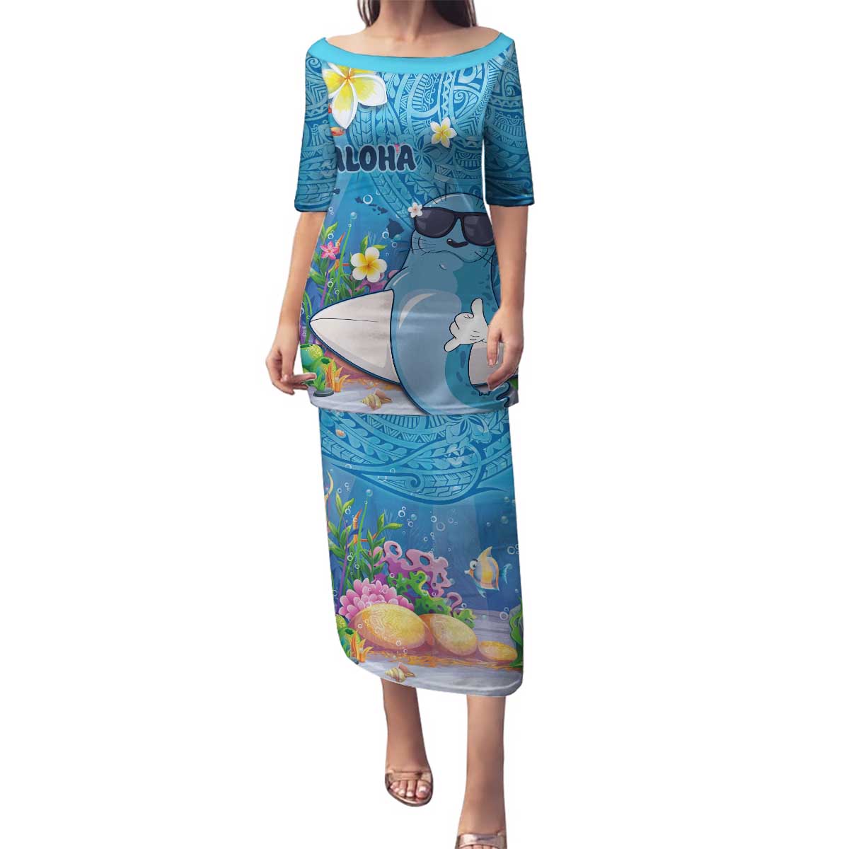 Aloha Hawaiian Monk Seal Family Matching Puletasi and Hawaiian Shirt Polynesian Tattoo The Ocean and Undersea Vibe LT03 Mom's Dress Blue - Polynesian Pride