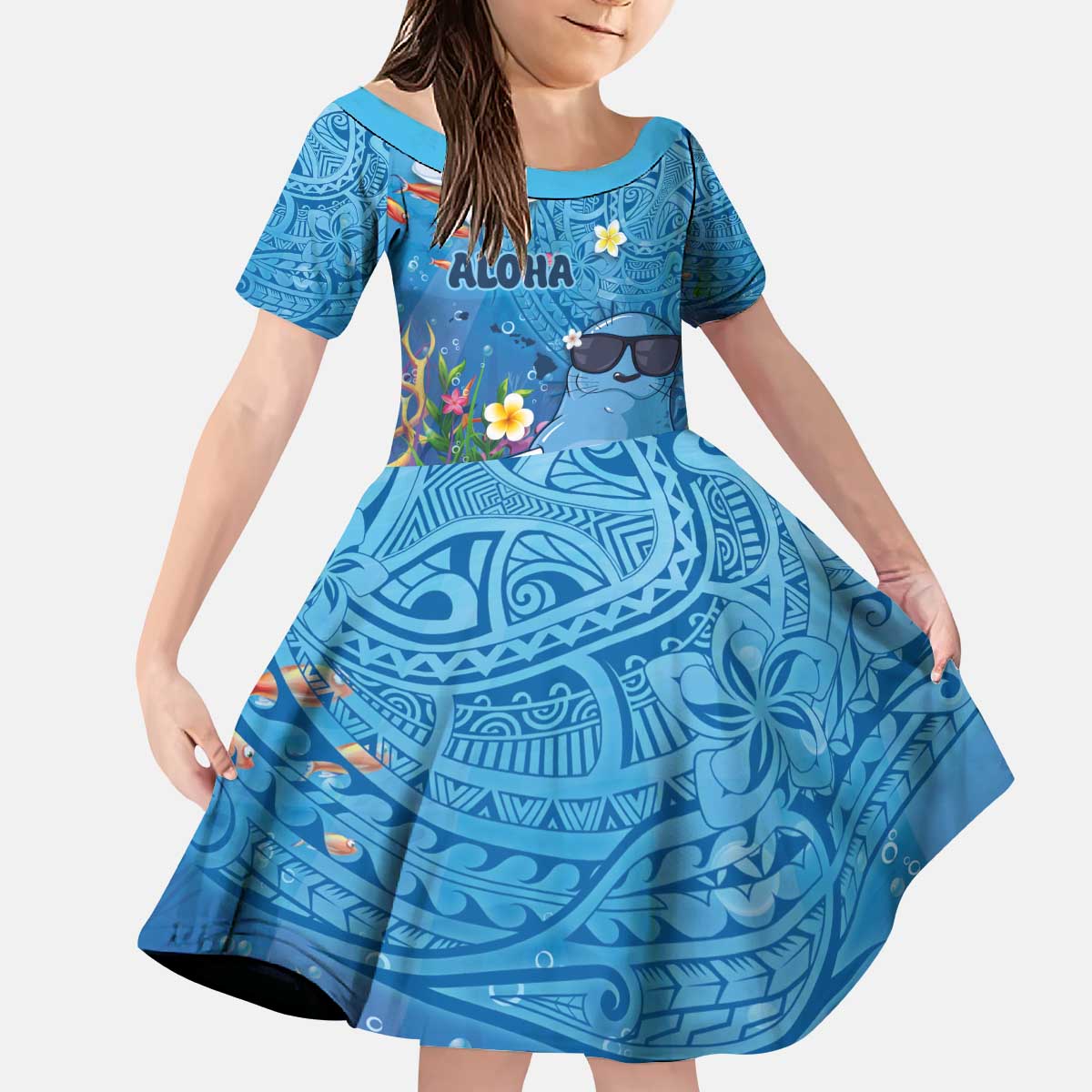 Aloha Hawaiian Monk Seal Kid Short Sleeve Dress Polynesian Tattoo The Ocean and Undersea Vibe