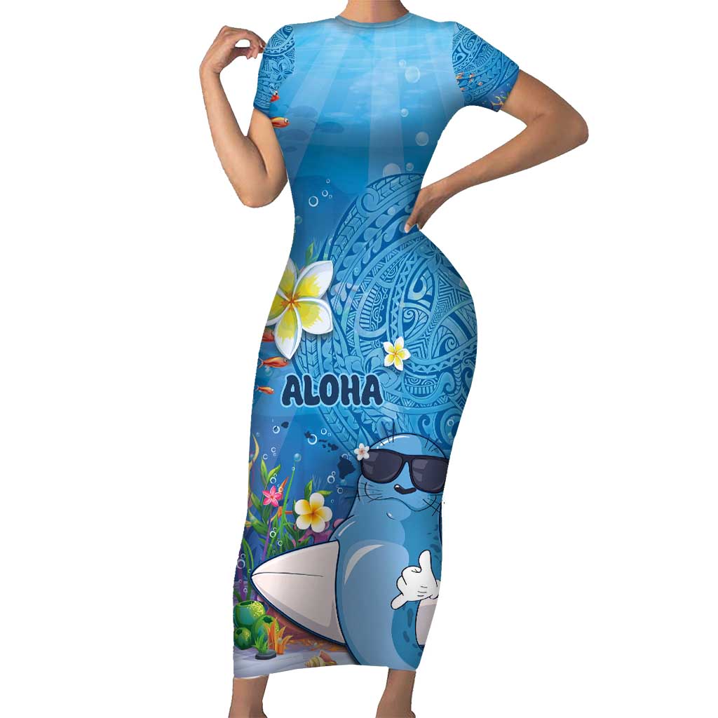 Aloha Hawaiian Monk Seal Short Sleeve Bodycon Dress Polynesian Tattoo The Ocean and Undersea Vibe