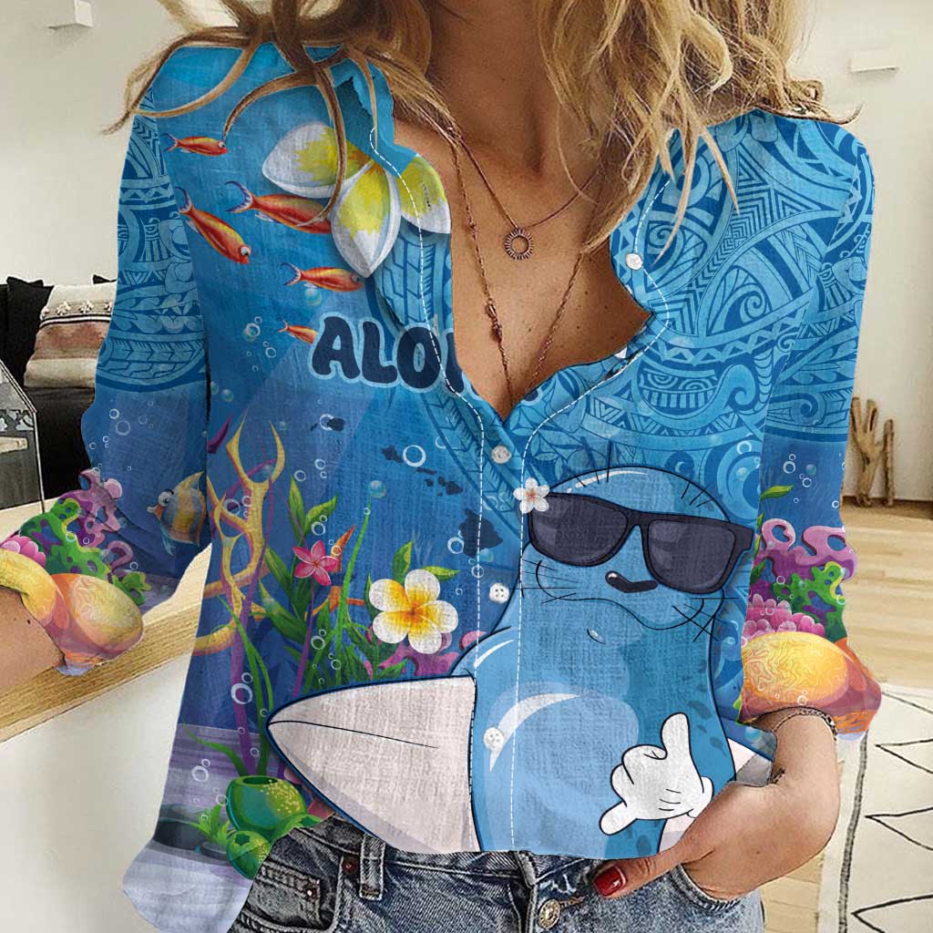 Aloha Hawaiian Monk Seal Women Casual Shirt Polynesian Tattoo The Ocean and Undersea Vibe