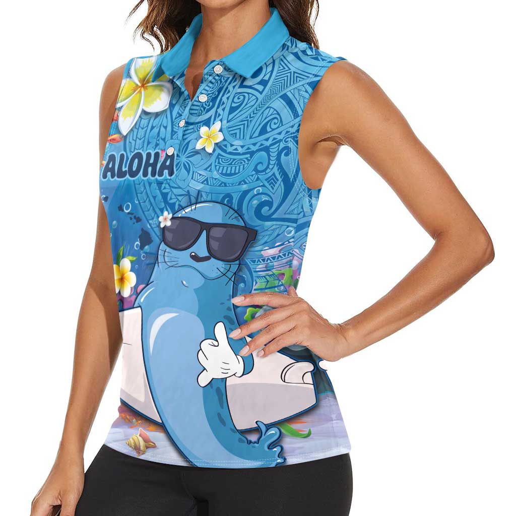 Aloha Hawaiian Monk Seal Women Sleeveless Polo Shirt Polynesian Tattoo The Ocean and Undersea Vibe