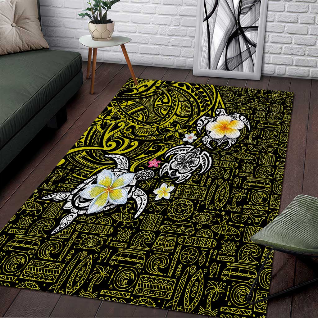 Hawaiian Turtle and Plumeria Area Rug Polynesian Tattoo and Tribal Elements Pattern Yellow Color