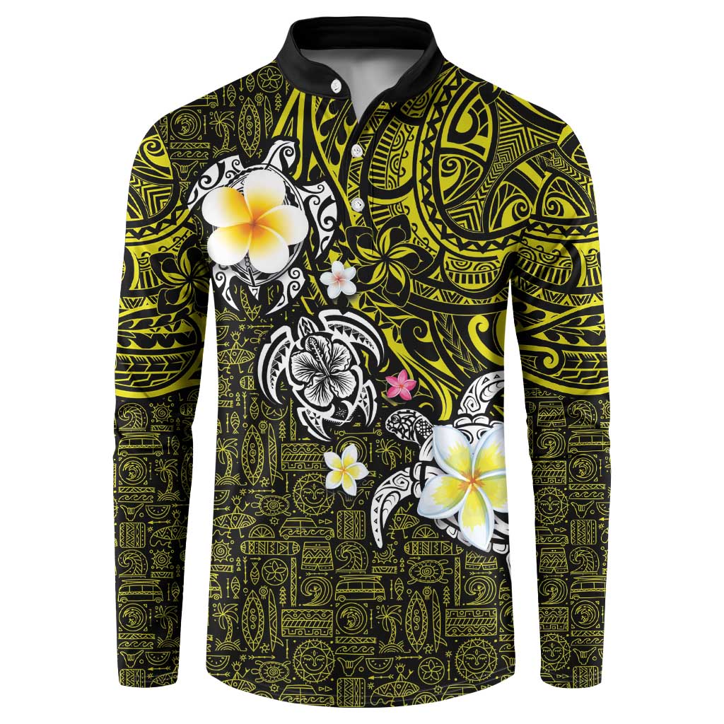 Hawaiian Turtle and Plumeria Button Sweatshirt Polynesian Tattoo and Tribal Elements Pattern Yellow Color