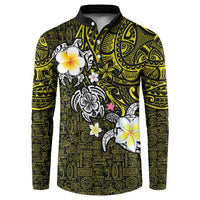 Hawaiian Turtle and Plumeria Button Sweatshirt Polynesian Tattoo and Tribal Elements Pattern Yellow Color