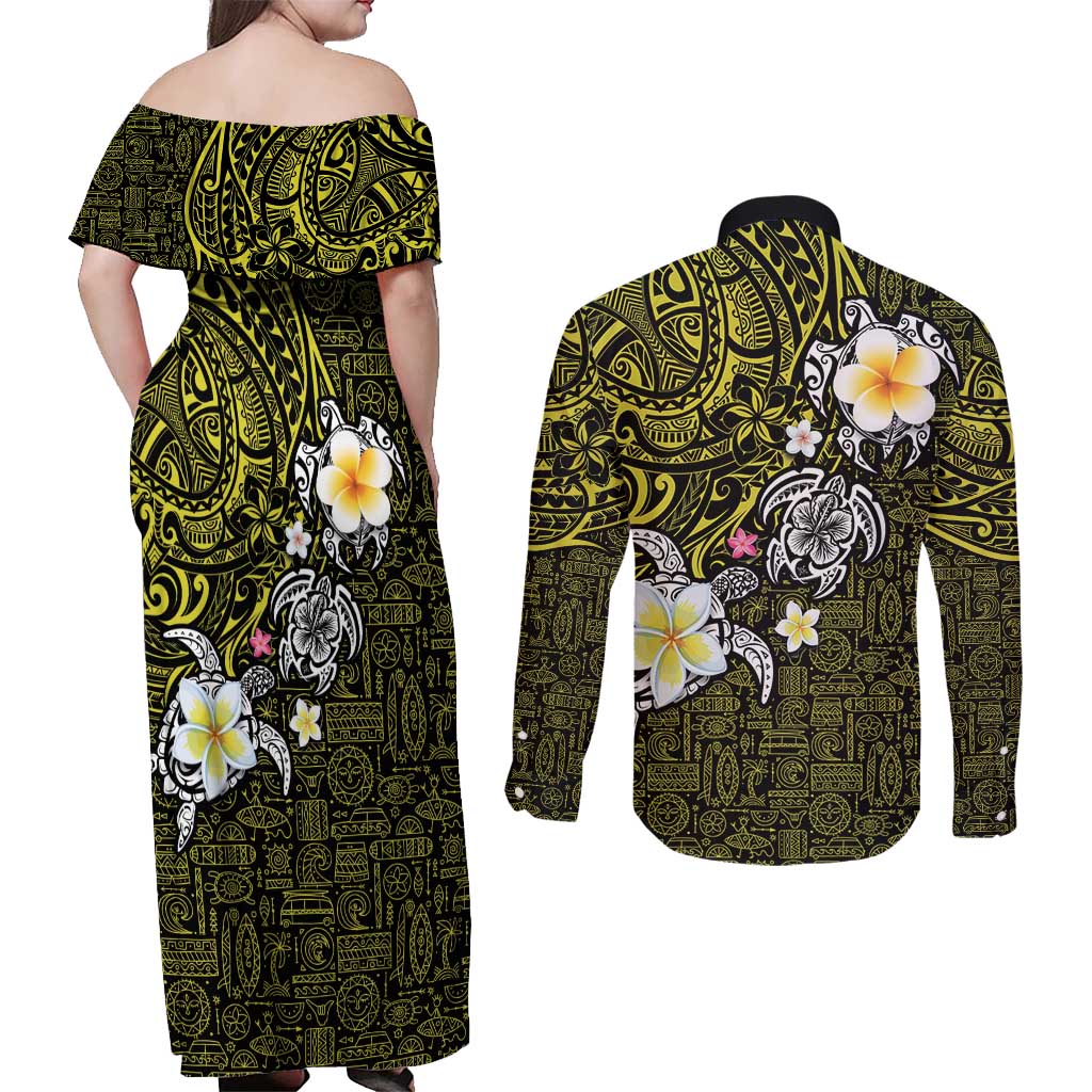 Hawaiian Turtle and Plumeria Couples Matching Off Shoulder Maxi Dress and Long Sleeve Button Shirt Polynesian Tattoo and Tribal Elements Pattern Yellow Color