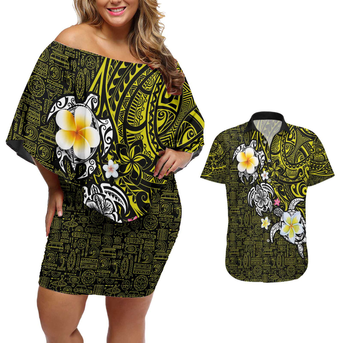 Hawaiian Turtle and Plumeria Couples Matching Off Shoulder Short Dress and Hawaiian Shirt Polynesian Tattoo and Tribal Elements Pattern Yellow Color
