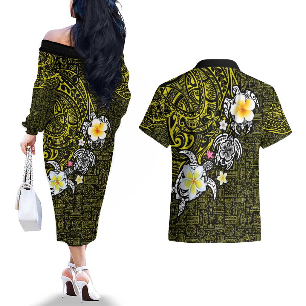 Hawaiian Turtle and Plumeria Couples Matching Off The Shoulder Long Sleeve Dress and Hawaiian Shirt Polynesian Tattoo and Tribal Elements Pattern Yellow Color