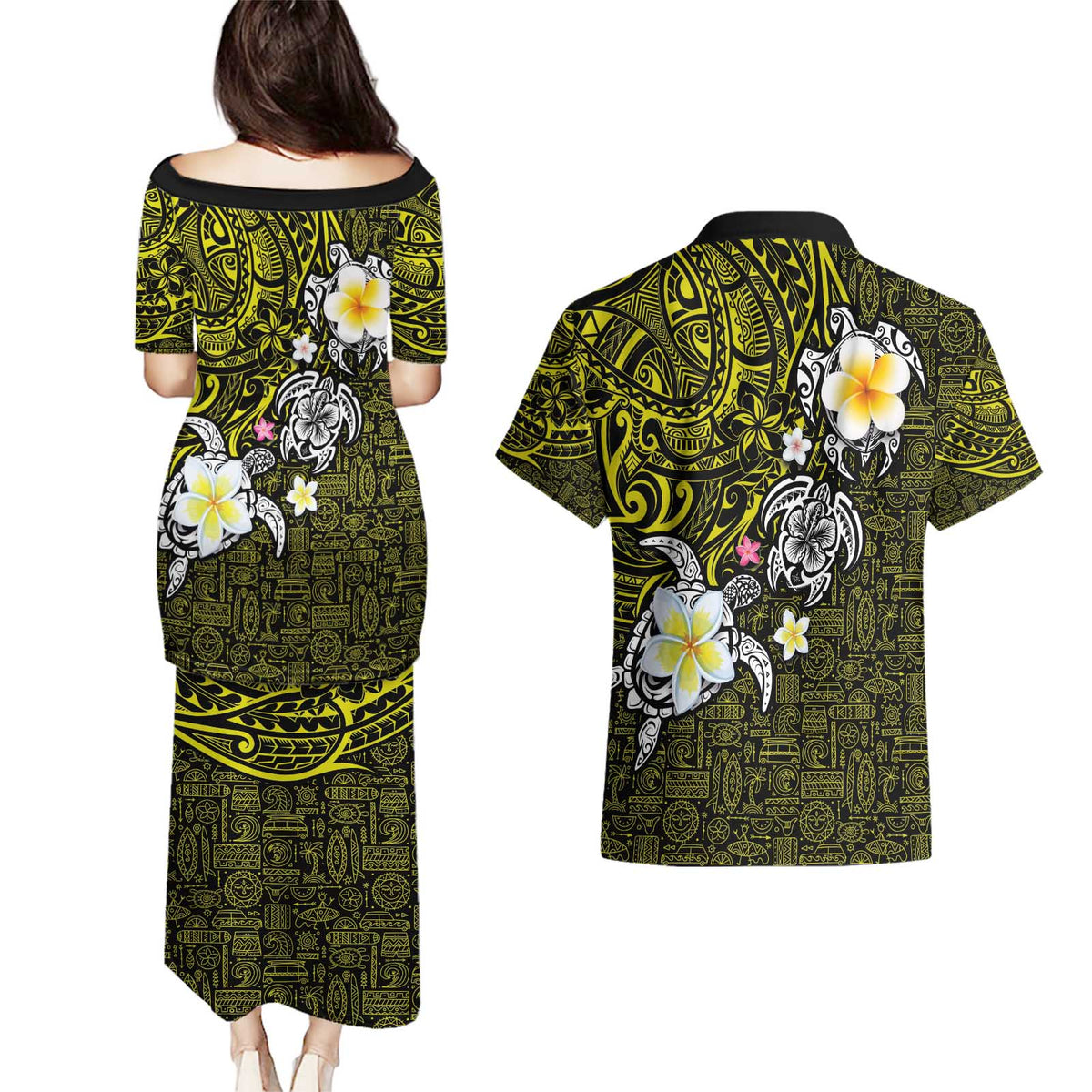 Hawaiian Turtle and Plumeria Couples Matching Puletasi and Hawaiian Shirt Polynesian Tattoo and Tribal Elements Pattern Yellow Color