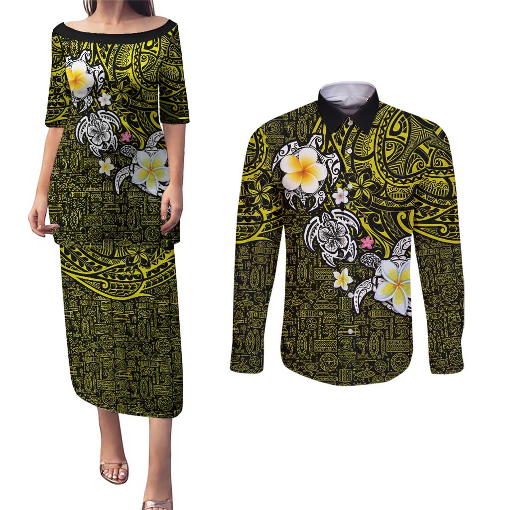 Hawaiian Turtle and Plumeria Couples Matching Puletasi and Long Sleeve Button Shirt Polynesian Tattoo and Tribal Elements Pattern Yellow Color