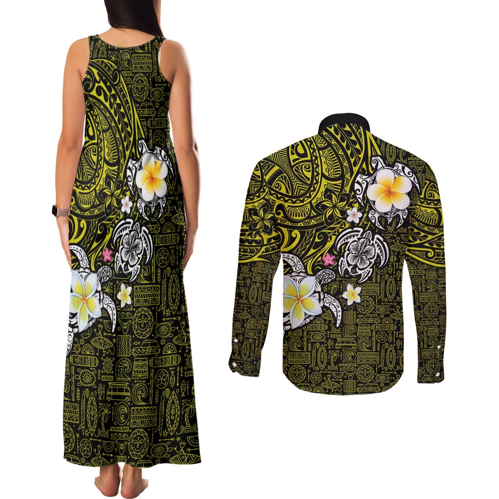 Hawaiian Turtle and Plumeria Couples Matching Tank Maxi Dress and Long Sleeve Button Shirt Polynesian Tattoo and Tribal Elements Pattern Yellow Color