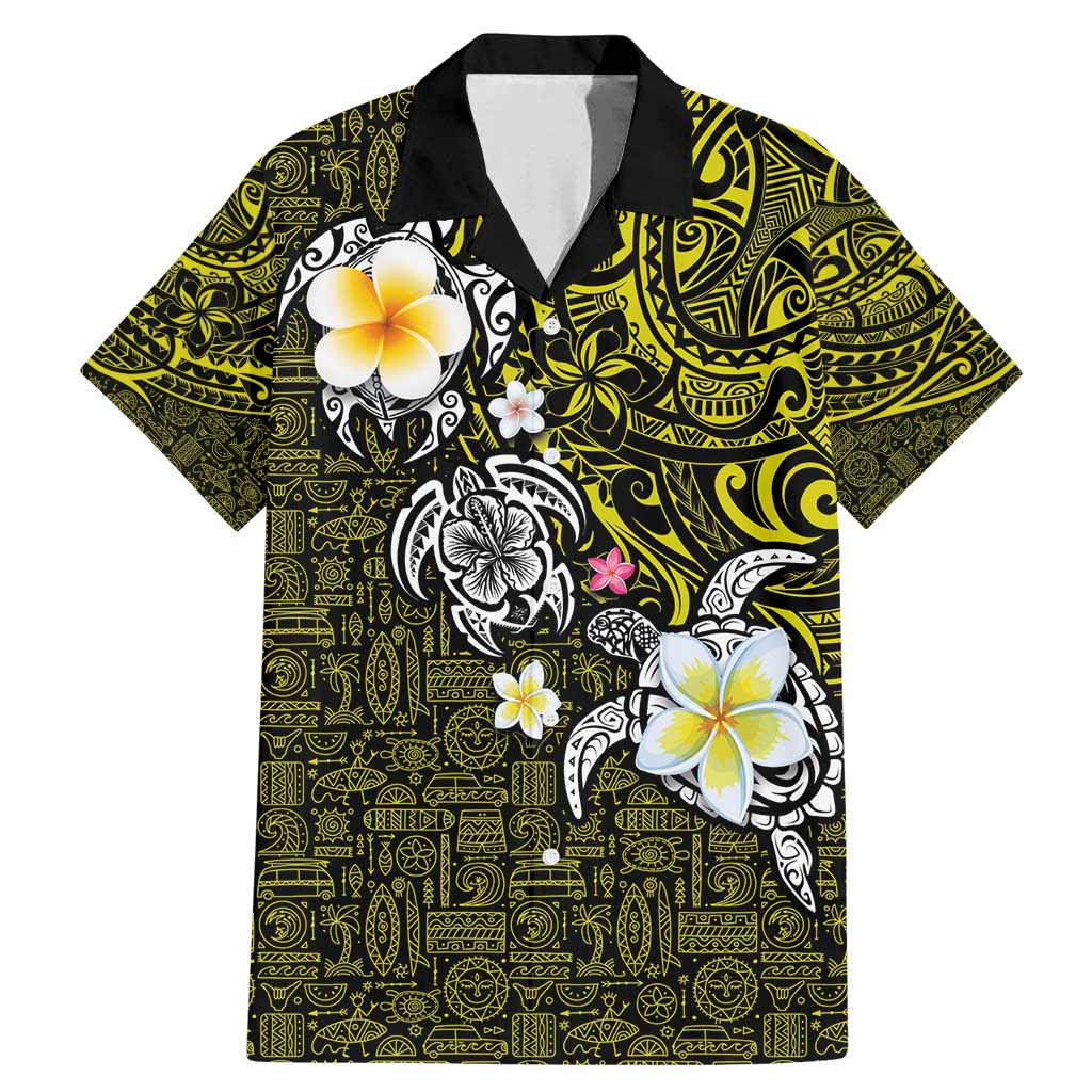 Hawaiian Turtle and Plumeria Family Matching Mermaid Dress and Hawaiian Shirt Polynesian Tattoo and Tribal Elements Pattern Yellow Color