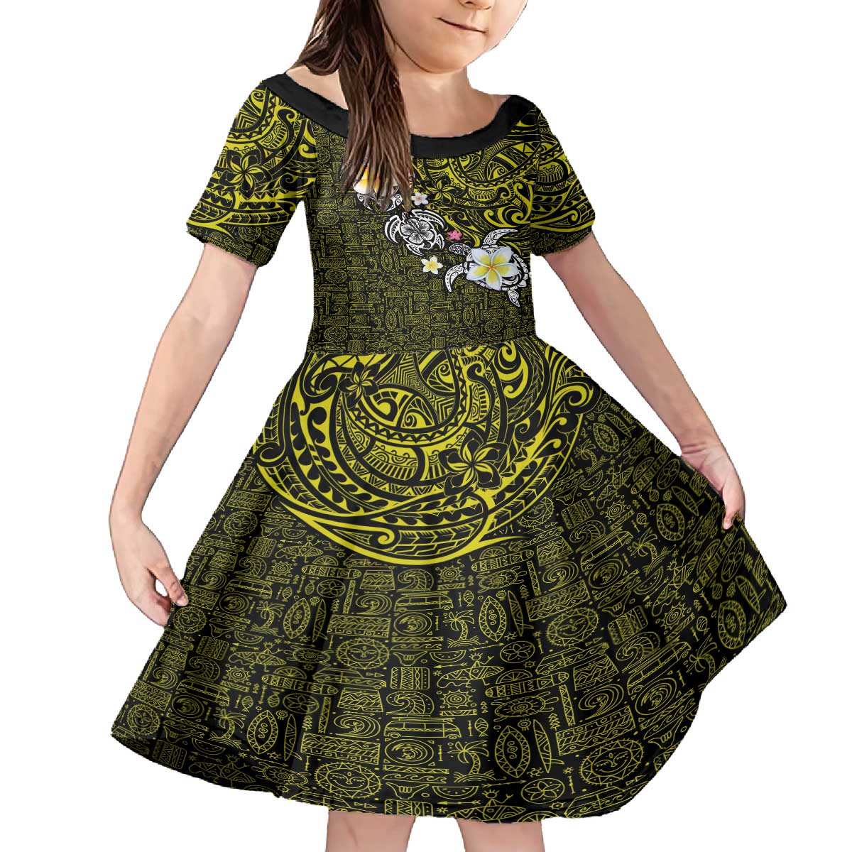 Hawaiian Turtle and Plumeria Family Matching Puletasi and Hawaiian Shirt Polynesian Tattoo and Tribal Elements Pattern Yellow Color LT03 Daughter's Dress Yellow - Polynesian Pride