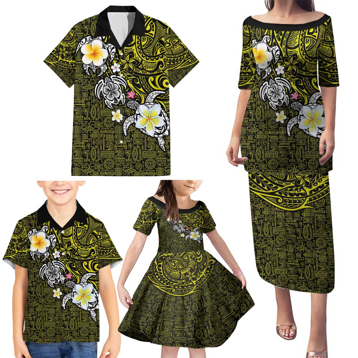 Hawaiian Turtle and Plumeria Family Matching Puletasi and Hawaiian Shirt Polynesian Tattoo and Tribal Elements Pattern Yellow Color LT03 - Polynesian Pride
