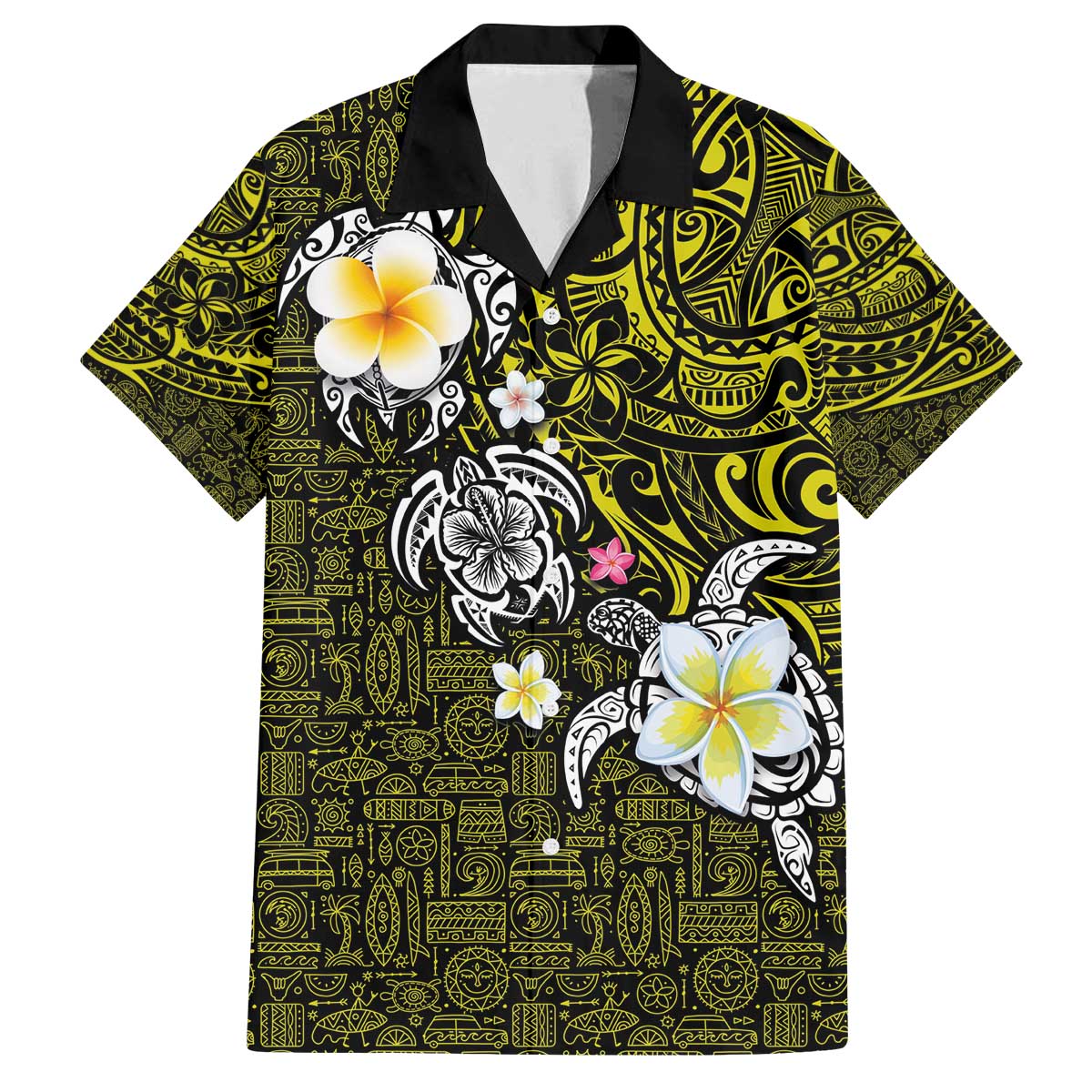 Hawaiian Turtle and Plumeria Family Matching Puletasi and Hawaiian Shirt Polynesian Tattoo and Tribal Elements Pattern Yellow Color LT03 Dad's Shirt - Short Sleeve Yellow - Polynesian Pride