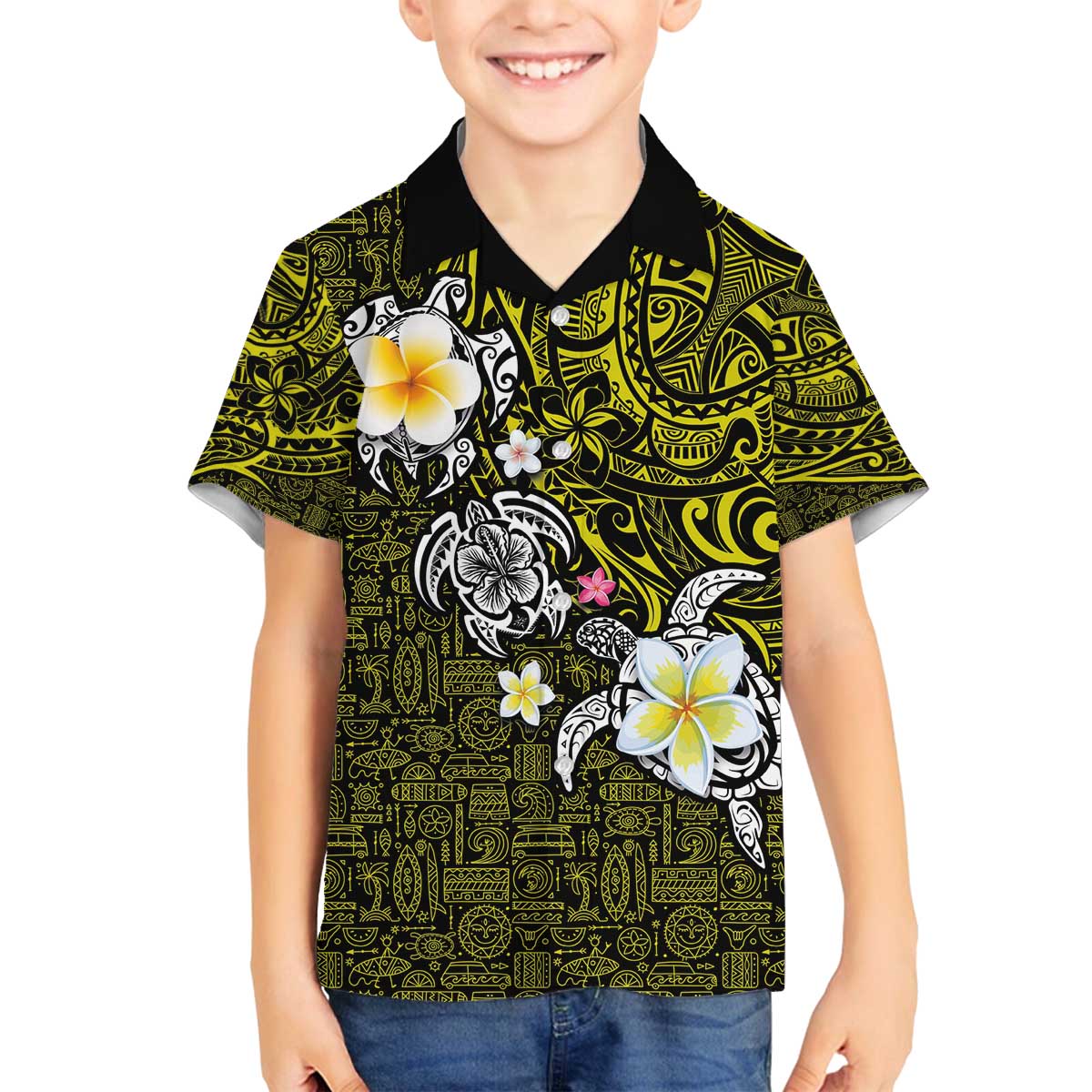 Hawaiian Turtle and Plumeria Family Matching Puletasi and Hawaiian Shirt Polynesian Tattoo and Tribal Elements Pattern Yellow Color LT03 Son's Shirt Yellow - Polynesian Pride