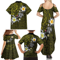 Hawaiian Turtle and Plumeria Family Matching Summer Maxi Dress and Hawaiian Shirt Polynesian Tattoo and Tribal Elements Pattern Yellow Color
