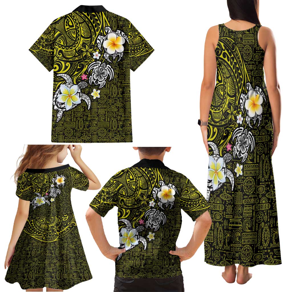 Hawaiian Turtle and Plumeria Family Matching Tank Maxi Dress and Hawaiian Shirt Polynesian Tattoo and Tribal Elements Pattern Yellow Color
