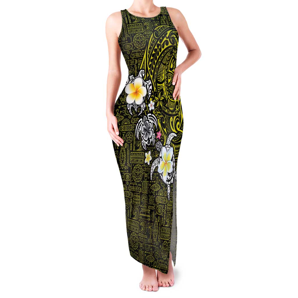 Hawaiian Turtle and Plumeria Family Matching Tank Maxi Dress and Hawaiian Shirt Polynesian Tattoo and Tribal Elements Pattern Yellow Color
