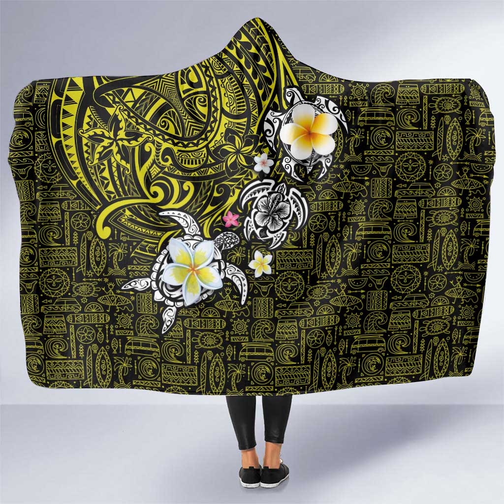 Hawaiian Turtle and Plumeria Hooded Blanket Polynesian Tattoo and Tribal Elements Pattern Yellow Color