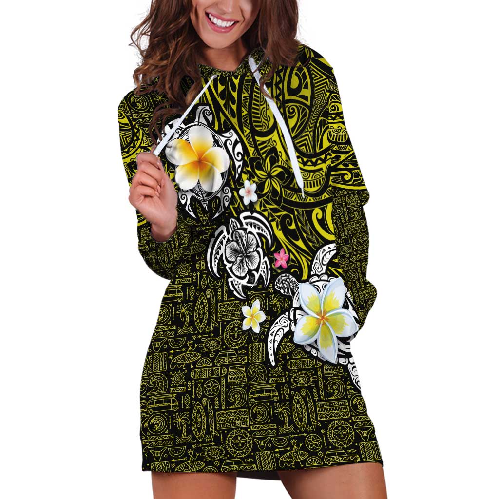 Hawaiian Turtle and Plumeria Hoodie Dress Polynesian Tattoo and Tribal Elements Pattern Yellow Color