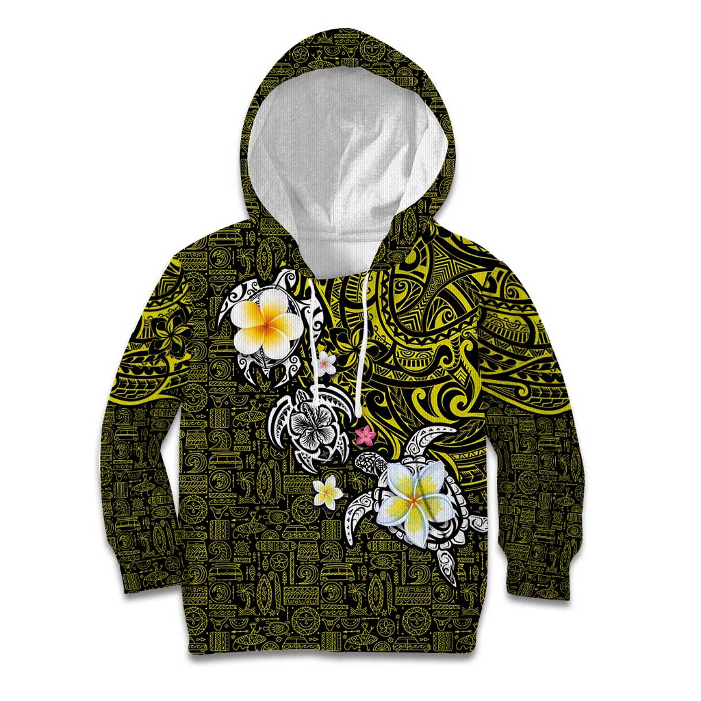 Hawaiian Turtle and Plumeria Kid Hoodie Polynesian Tattoo and Tribal Elements Pattern Yellow Color
