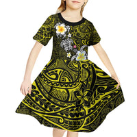 Hawaiian Turtle and Plumeria Kid Short Sleeve Dress Polynesian Tattoo and Tribal Elements Pattern Yellow Color