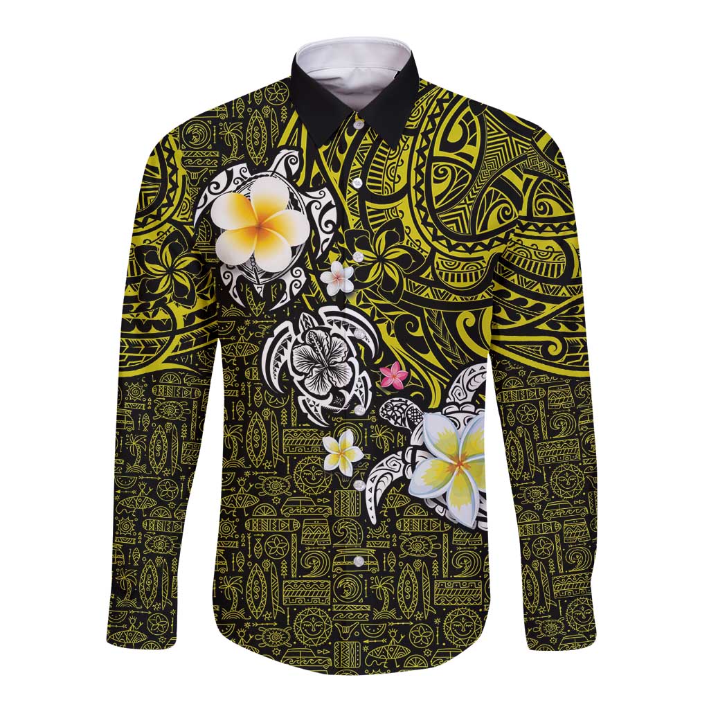Hawaiian Turtle and Plumeria Long Sleeve Button Shirt Polynesian Tattoo and Tribal Elements Pattern Yellow Color