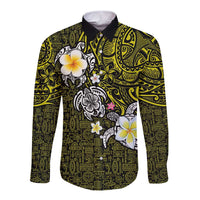 Hawaiian Turtle and Plumeria Long Sleeve Button Shirt Polynesian Tattoo and Tribal Elements Pattern Yellow Color