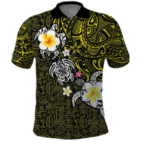 Hawaiian Turtle and Plumeria Polo Shirt Polynesian Tattoo and Tribal Elements Pattern Yellow Color