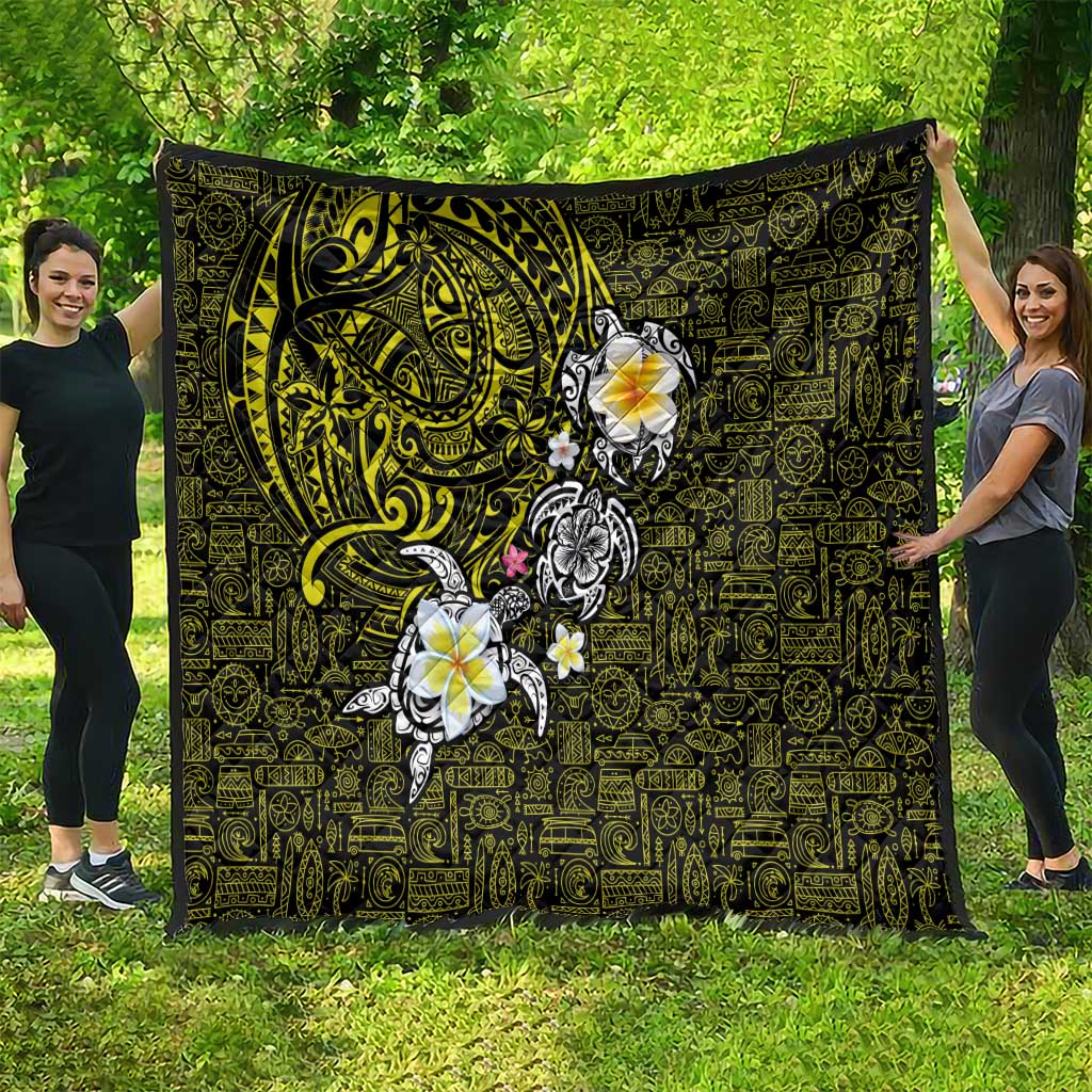 Hawaiian Turtle and Plumeria Quilt Polynesian Tattoo and Tribal Elements Pattern Yellow Color