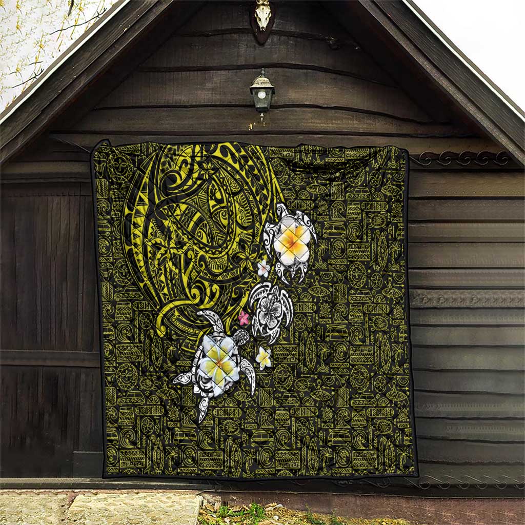 Hawaiian Turtle and Plumeria Quilt Polynesian Tattoo and Tribal Elements Pattern Yellow Color