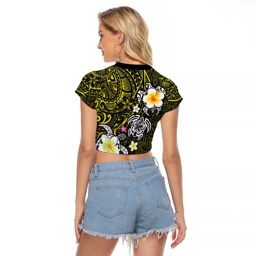 Hawaiian Turtle and Plumeria Raglan Cropped T Shirt Polynesian Tattoo and Tribal Elements Pattern Yellow Color