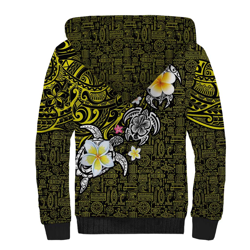 Hawaiian Turtle and Plumeria Sherpa Hoodie Polynesian Tattoo and Tribal Elements Pattern Yellow Color