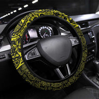 Hawaiian Turtle and Plumeria Steering Wheel Cover Polynesian Tattoo and Tribal Elements Pattern Yellow Color