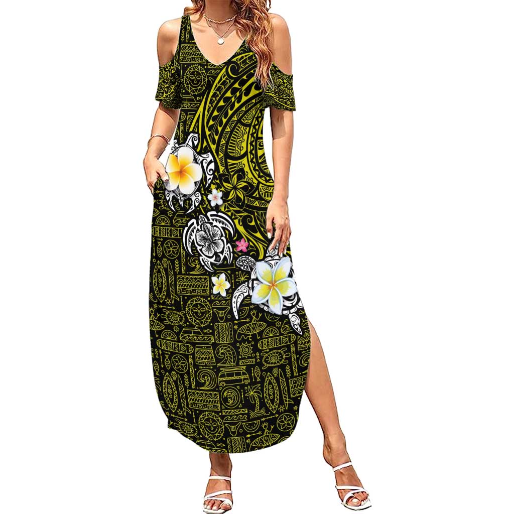 Hawaiian Turtle and Plumeria Summer Maxi Dress Polynesian Tattoo and Tribal Elements Pattern Yellow Color