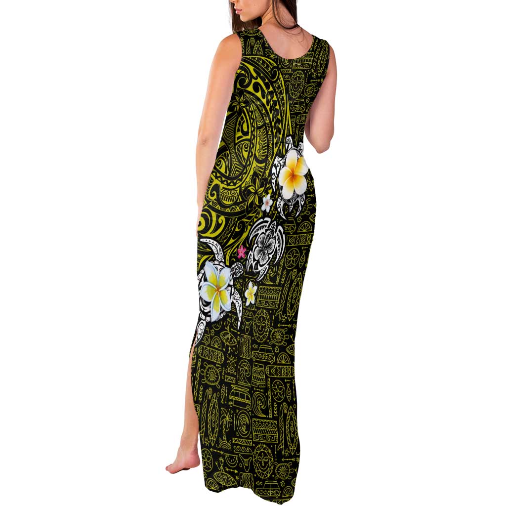 Hawaiian Turtle and Plumeria Tank Maxi Dress Polynesian Tattoo and Tribal Elements Pattern Yellow Color
