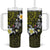 Hawaiian Turtle and Plumeria Tumbler With Handle Polynesian Tattoo and Tribal Elements Pattern Yellow Color