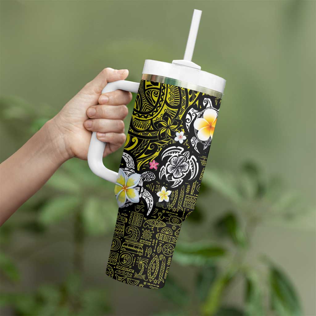 Hawaiian Turtle and Plumeria Tumbler With Handle Polynesian Tattoo and Tribal Elements Pattern Yellow Color